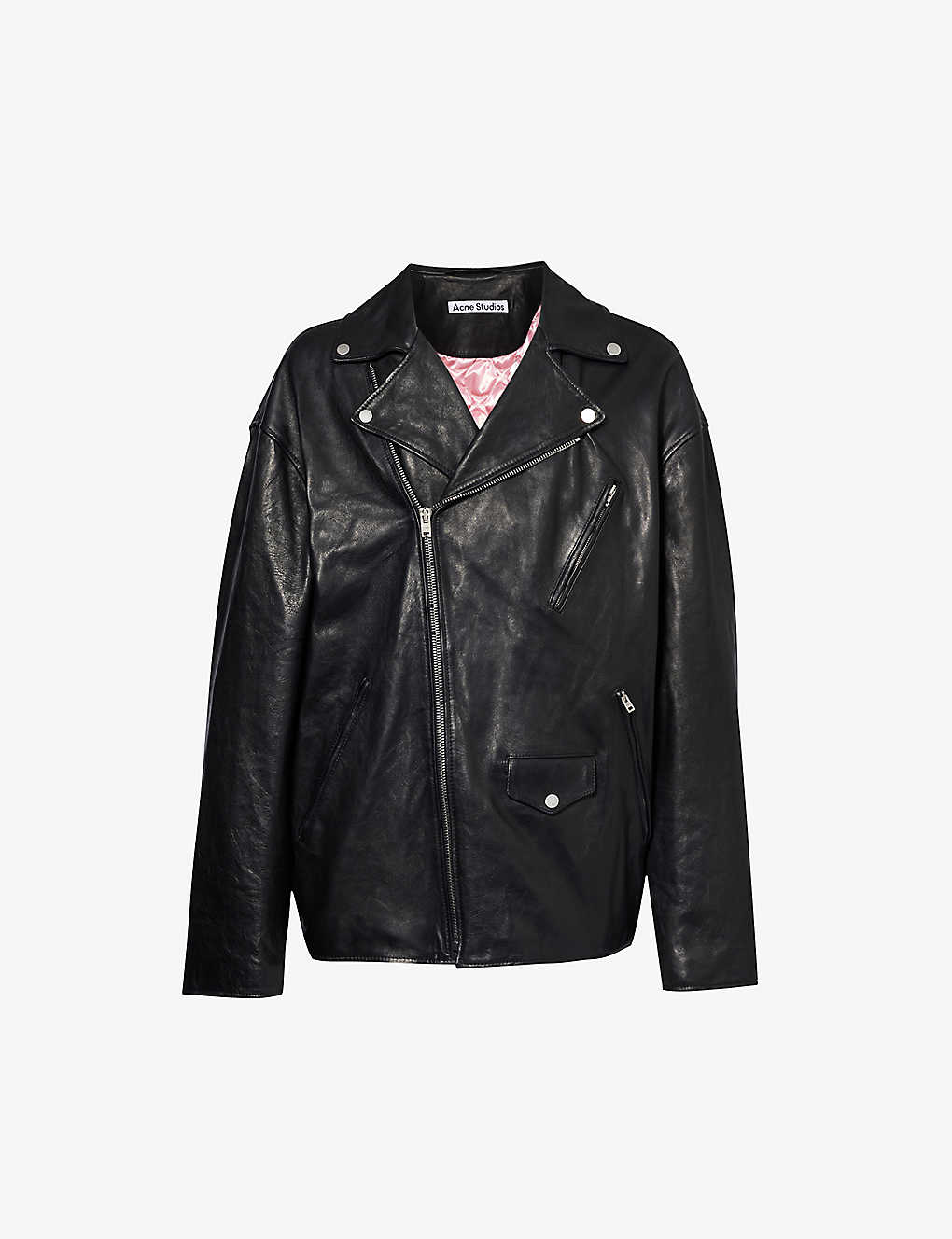 Shop Acne Studios Men's Black Biker Brand-embossed Boxy-fit Leather Jacket