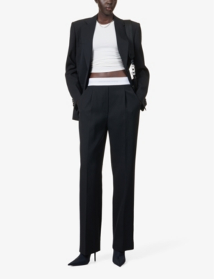 Shop Alexander Wang Women's Black Branded-waistband Wide-leg High-rise Wool Trousers