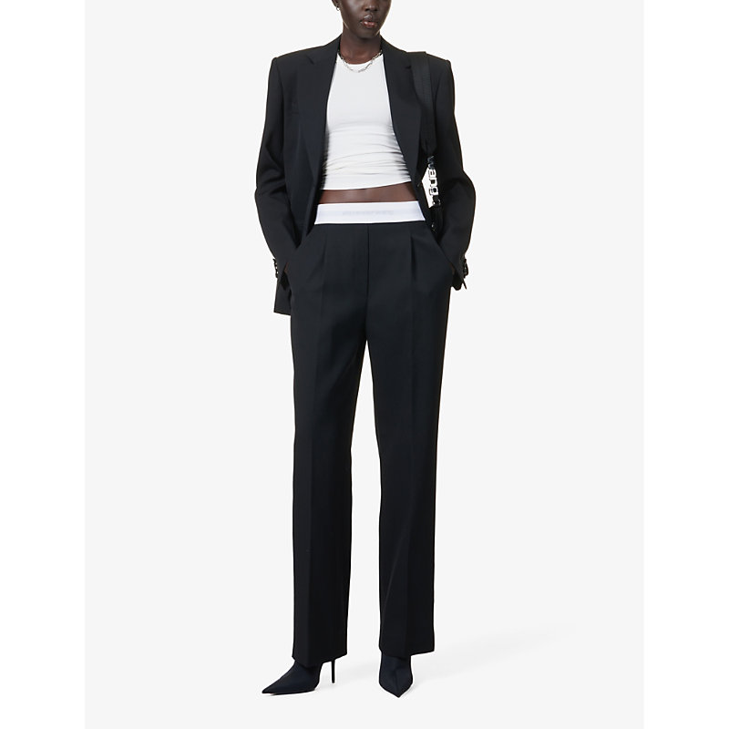 Shop Alexander Wang Women's Black Branded-waistband Wide-leg High-rise Wool Trousers