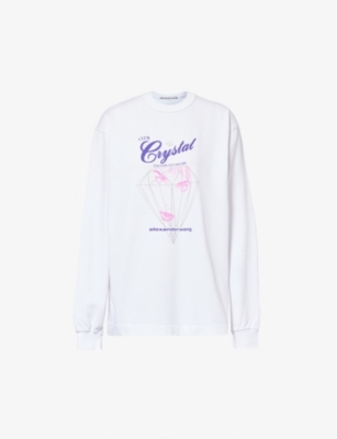 Alexander Wang Womens Bright White Club Crystal Graphic-print Long-sleeved Cotton-jersey T-shirt