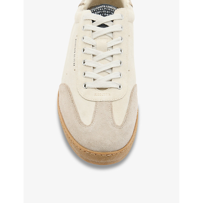 Shop Allsaints Leo Logo-embossed Suede Low-top Trainers In Parchment Whit