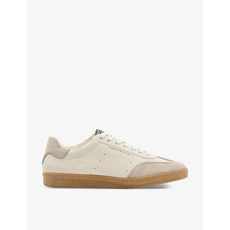 Shop Allsaints Leo Logo-embossed Suede Low-top Trainers In Parchment Whit
