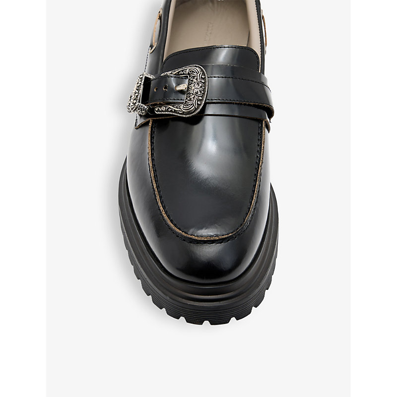 Shop Allsaints Mens Black Hanbury Buckle-embellished Leather Loafers
