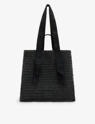 Allsaints Womens Black Lulla Logo-embossed Straw Tote In Black