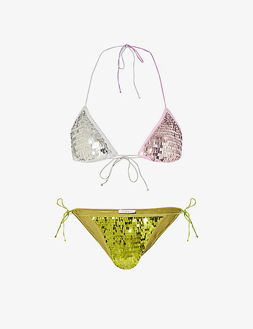 OSEREE: Triangle-cup high-leg sequin-embellished bikini set