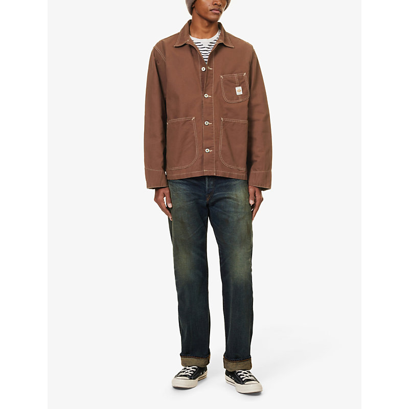 Shop Nudie Jeans Men's Brown Chore Brand-patch Boxy-fit Cotton-canvas Jacket