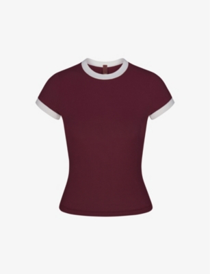 Skims Womens Maroon Multi Soft Lounge Crewneck Contrast-trim Stretch-modal T-shirt