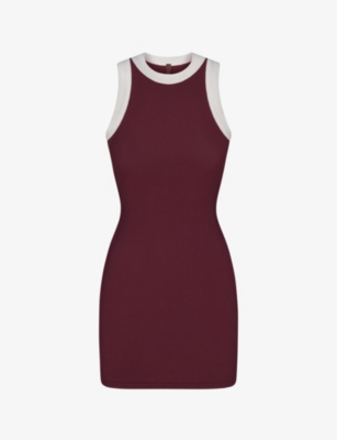 Skims Womens Maroon Multi Soft Lounge Contrast-trim Crewneck Stretch-modal Mini Dress