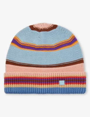 ACNE STUDIOS - Striped logo-patch cotton-knit beanie | Selfridges.com