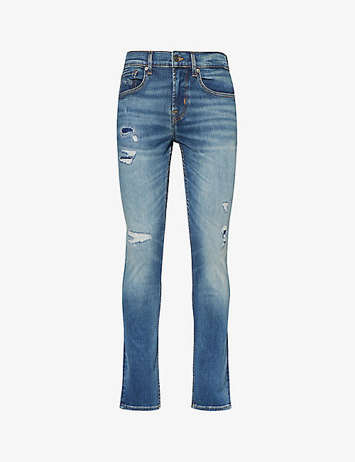 7 FOR ALL MANKIND: Slimmy distressed tapered-leg mid-rise stretch-denim jeans