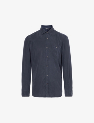 7 For All Mankind Mens Blue Chest-pocket Long-sleeved Woven Shirt