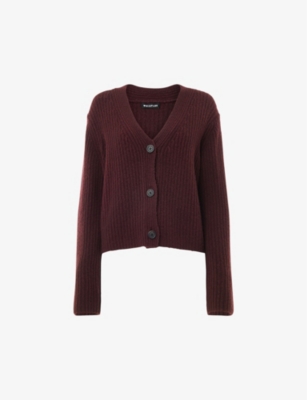 Whistles Womens V-neck Ribbed Recycled Wool-blend Cardigan Plum/claret In Plum/claret