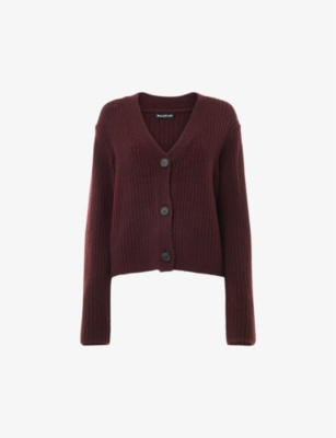 Whistles V-neck Ribbed Recycled Wool-blend Cardigan In Plum/claret