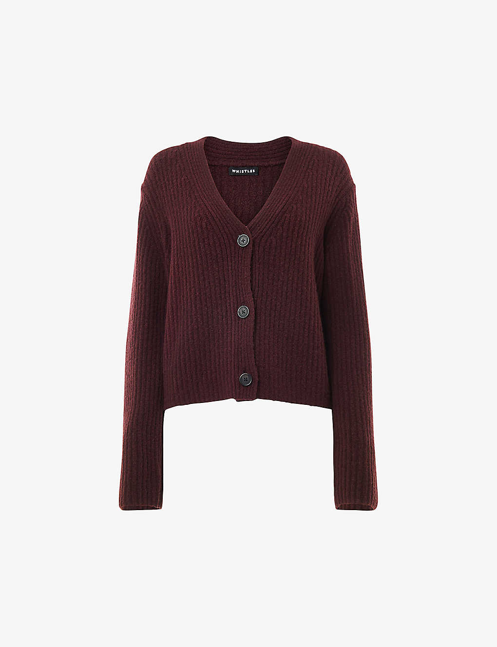 Whistles V-neck Ribbed Recycled Wool-blend Cardigan In Plum/claret