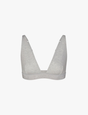 Skims Womens Light Heather Grey X Swarovski Plunge-neck Stretch-cotton Bra In Light Heather Grey