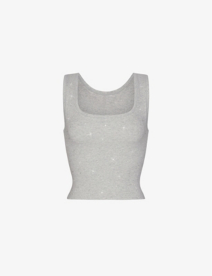 Skims Womens Light Heather Grey X Swarovski Crystal-embellished Stretch-cotton Top