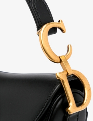 Shop Reselfridges Women's Black Pre-loved Dior Mini Saddle Leather Shoulder Bag