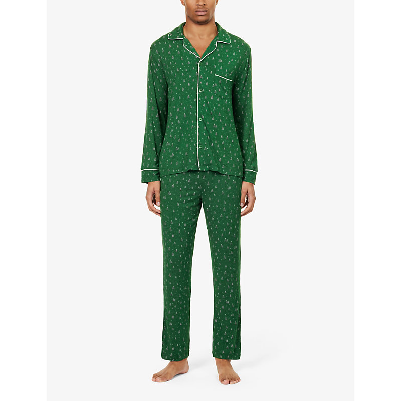 Shop Eberjey Men's Winterpine Forest Patterned Relaxed-fit Stretch-jersey Pyjama Set In Green