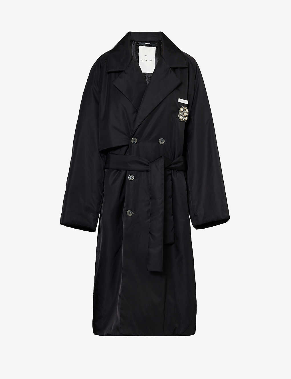 Song For The Mute Womens Black Brooch-embellished Belted Shell Trench Coat