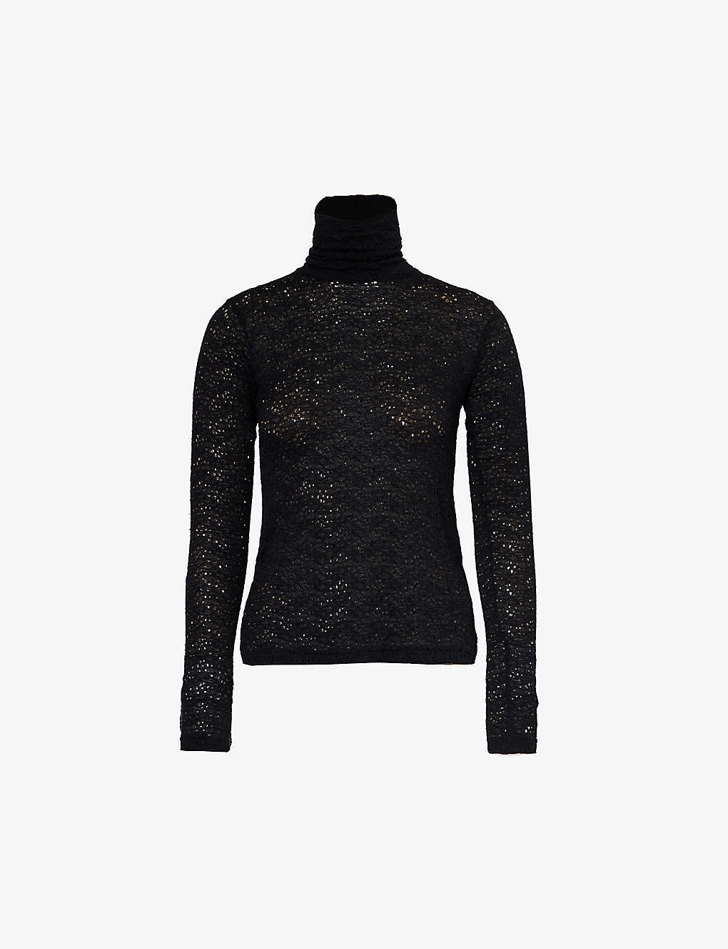 Song For The Mute Womens Black Lace-pattern Turtleneck Woven Top