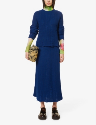 Shop Song For The Mute Women's Blue Distressed Wool-blend Knitted Midi Skirt