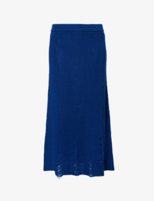 SONG FOR THE MUTE: Distressed wool-blend knitted midi skirt