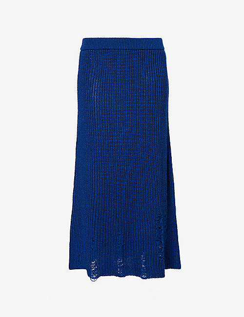 SONG FOR THE MUTE: Distressed wool-blend knitted midi skirt