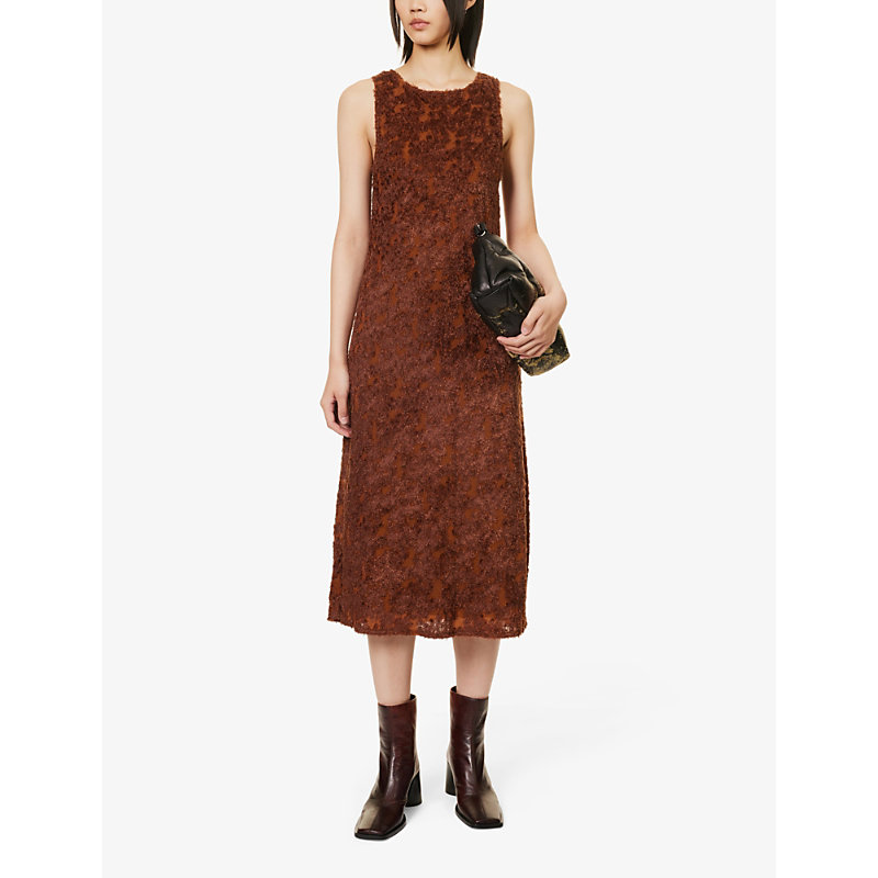 Shop Song For The Mute Fluffy-textured Sleeveless Woven Midi Dress In Brown