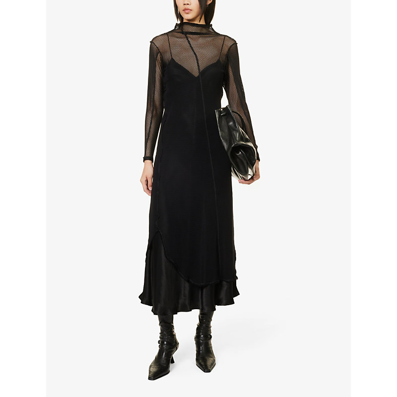Shop Song For The Mute Exposed-seam Mesh-layered Woven Midi Dress In Black