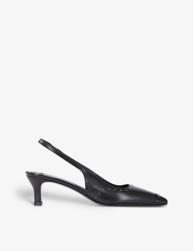 Stud-embellished pointed-toe leather heeled slingback courts