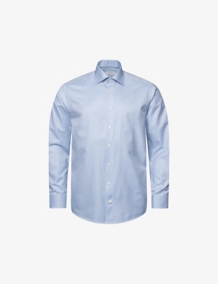 Eton Mens Light Blue Houndstooth-patterned Slim-fit Cotton-blend Shirt