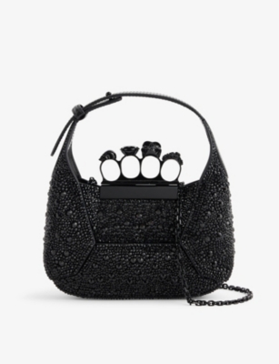 Shop Alexander Mcqueen The Jewelled Hobo Mini Leather Bag In Black