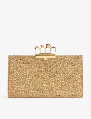 ALEXANDER MCQUEEN ALEXANDER MCQUEEN WOMENS GOLD JEWELLED CRYSTAL-EMBELLISHED LEATHER CLUTCH BAG