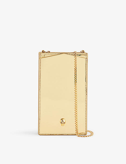 ALEXANDER MCQUEEN: Skull-embellished metallic-leather phone-case-on-chain