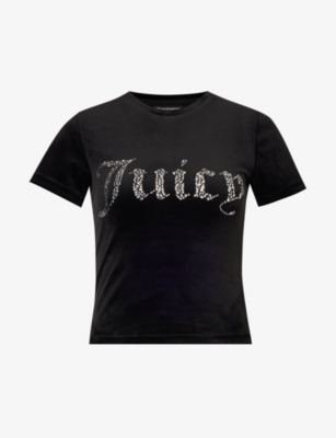 Juicy Couture Womens Black101 Rhinestone-embellished Slim-fit Velour T-shirt
