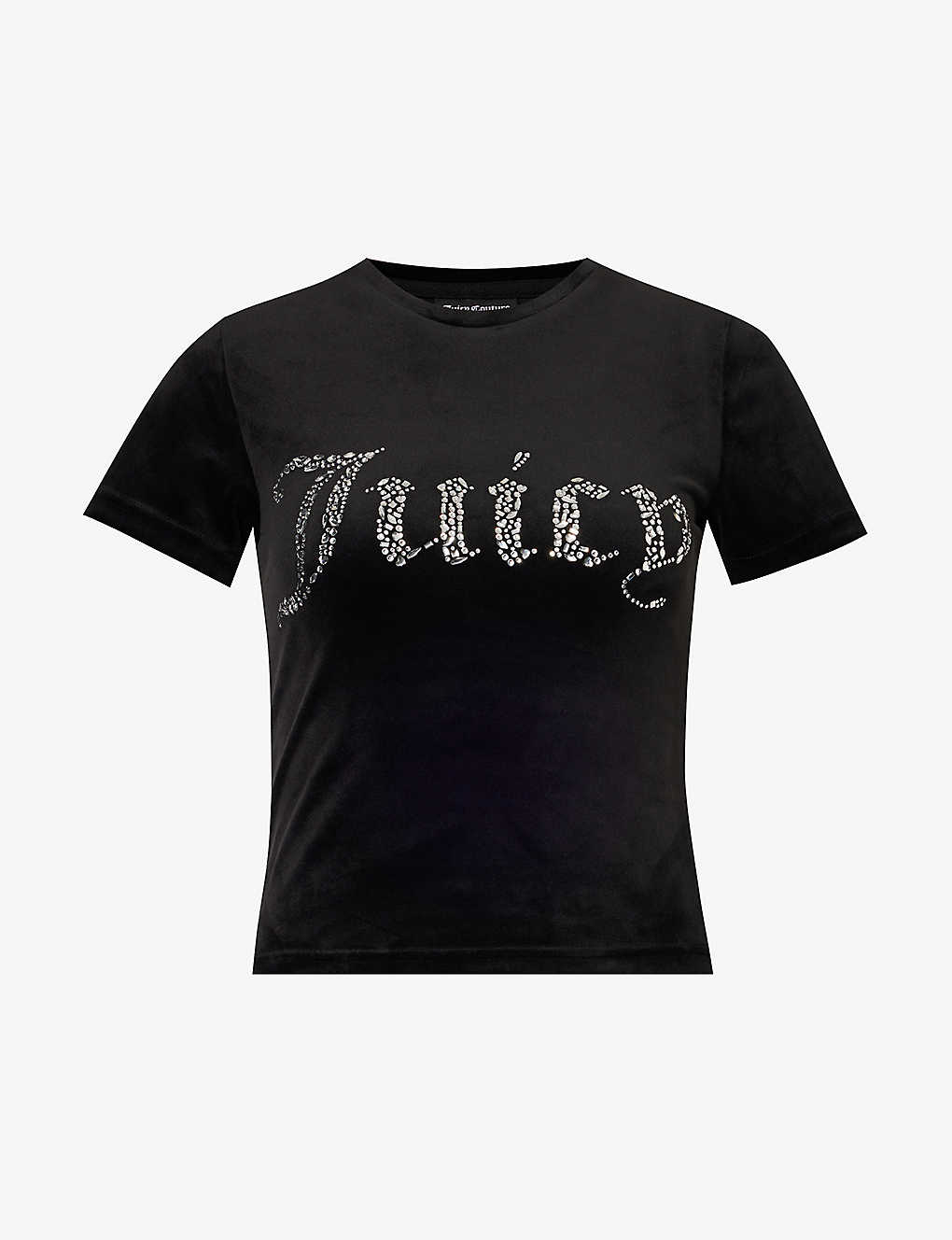 Juicy Couture Womens Black101 Rhinestone-embellished Slim-fit Velour T-shirt