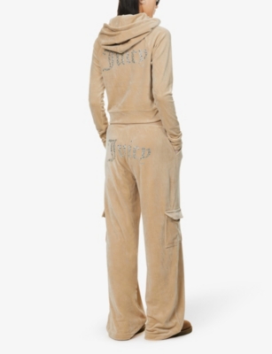 Shop Juicy Couture Rhinestone-embellished Straight-leg Mid-rise Velour Cargo Trousers In Nomad483