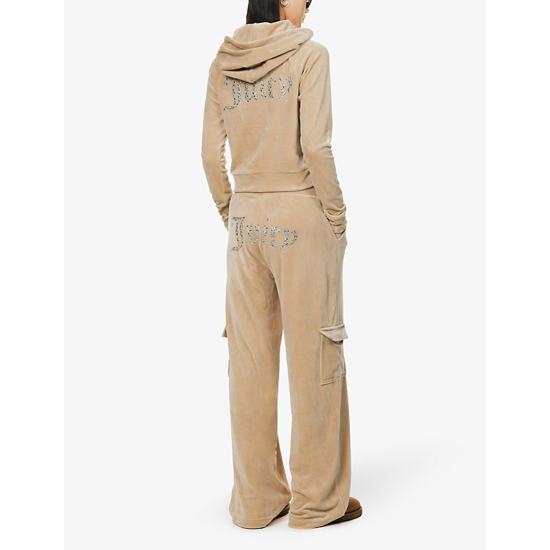 Shop Juicy Couture Rhinestone-embellished Straight-leg Mid-rise Velour Cargo Trousers In Nomad483