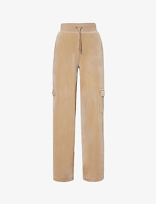 JUICY COUTURE: Rhinestone-embellished straight-leg mid-rise velour cargo trousers