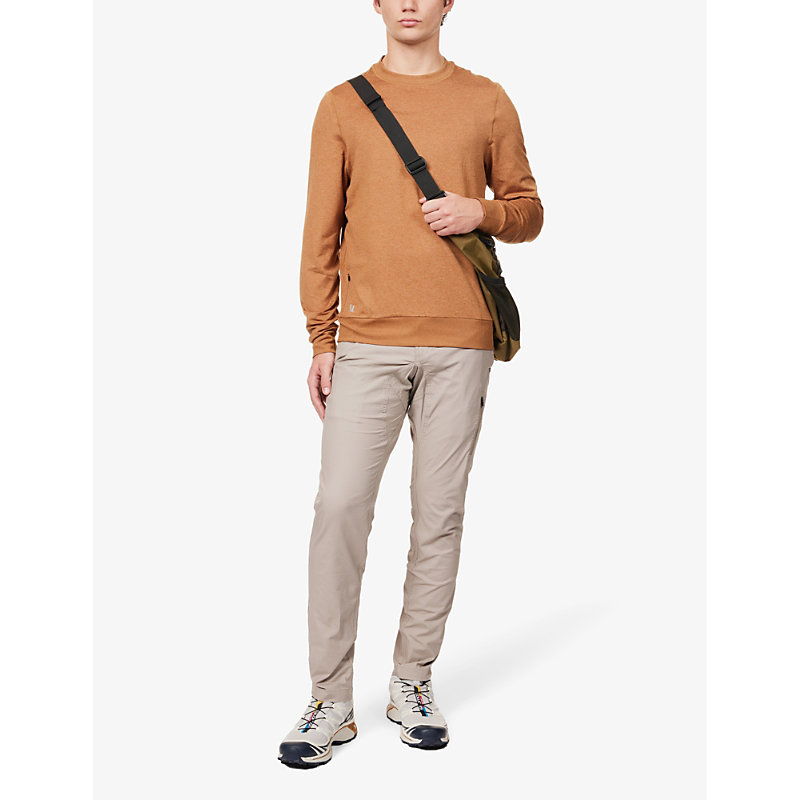 Shop Vuori Ripstop Elasticated-waistband Regular-fit Tapered-leg Organic Stretch-cotton Trousers In Brown