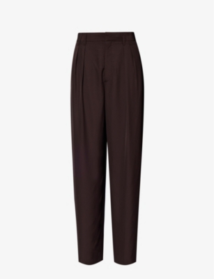 Shop Maria Mcmanus Women's Chocolate Pleated Wide-leg Mid-rise Wool Trousers