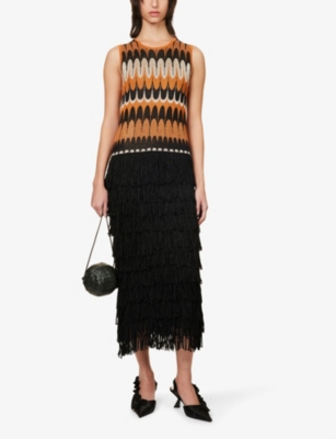 Shop Lukhanyo Mdingi Women's Mango Black Geometric-pattern Fringed-hem Knitted Midi Dress