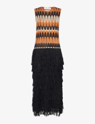 Lukhanyo Mdingi Womens Mango Black Geometric-pattern Fringed-hem Knitted Midi Dress