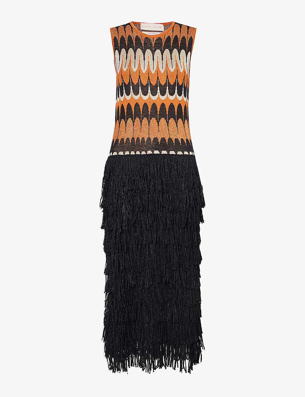 Lukhanyo Mdingi Womens Mango Black Geometric-pattern Fringed-hem Knitted Midi Dress