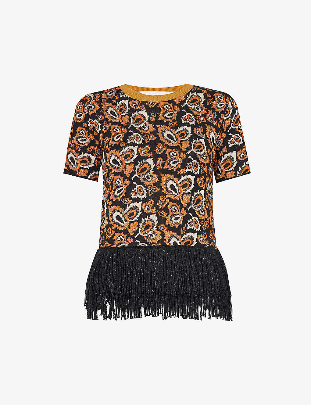 Lukhanyo Mdingi Womens Black Mango Patterned Fringed Metallic-weave Knitted Top