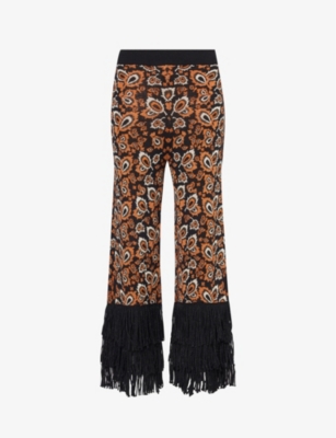 LUKHANYO MDINGI: Patterned fringed wide-leg mid-rise knitted trousers