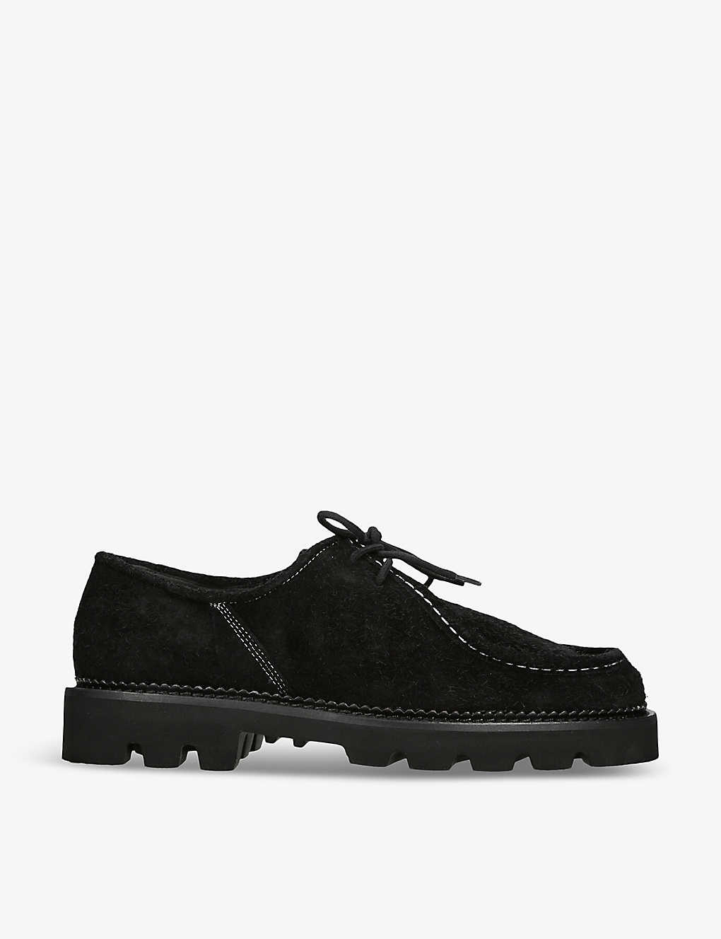 Collegium Mens Black Pillar Moc Toe Contrast-stitched Suede Derby Shoes