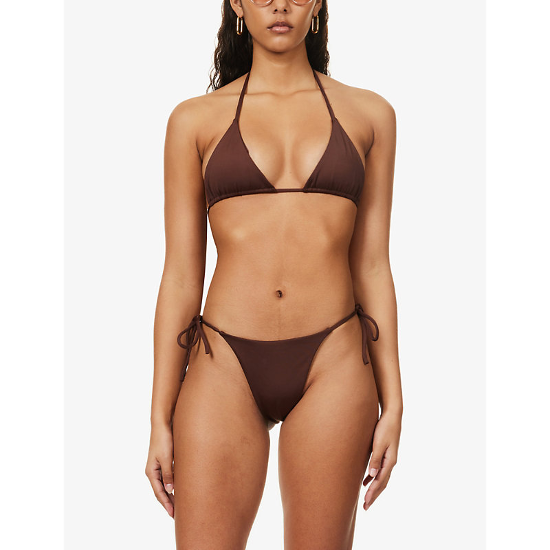 Shop Aexae Tyra Halterneck Stretch-recycled Polyester Bikini Top In Brown