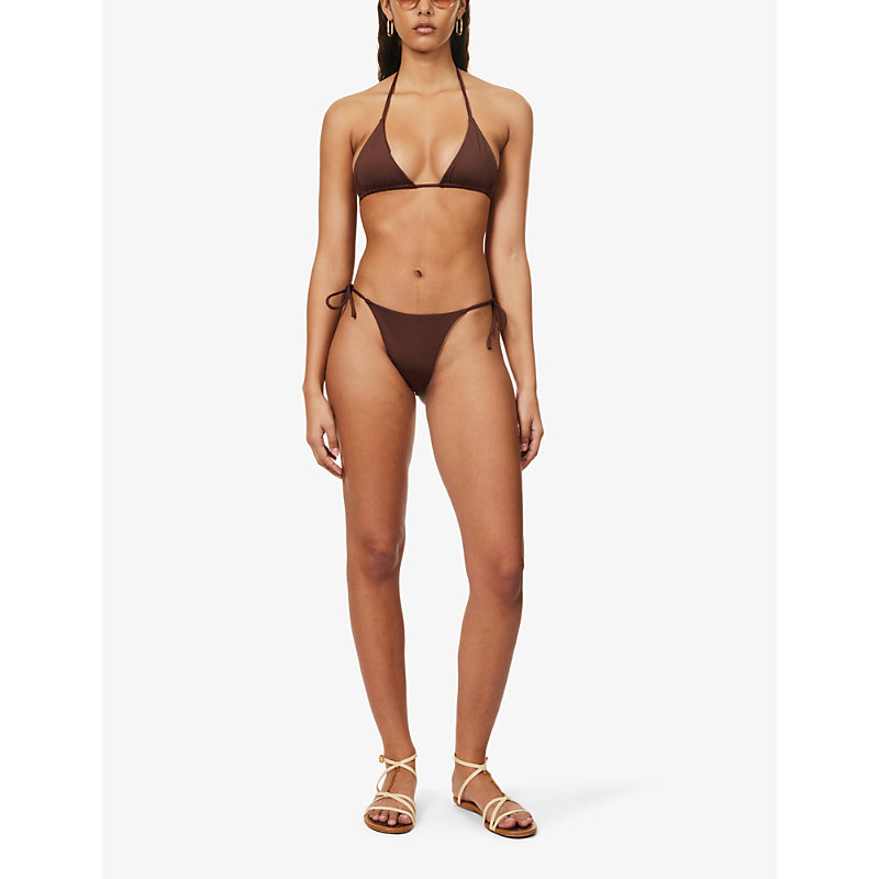 Shop Aexae Tyra High-rise Stretch-recycled Polyester Bikini Bottoms In Brown