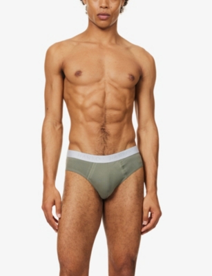 Shop Hanro Men's Antique Green/ebony Branded-waistband Mid-rise Pack Of Two Stretch-cotton Briefs